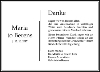 Traueranzeige von Maria to Berens von Trauerportal Rhein Main Presse