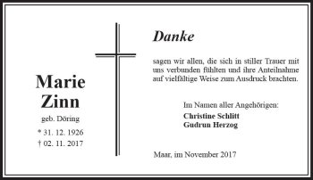 Traueranzeige von Marie Zinn von VRM Trauer