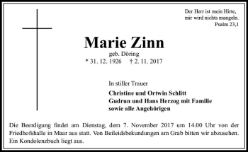 Traueranzeige von Marie Zinn von VRM Trauer