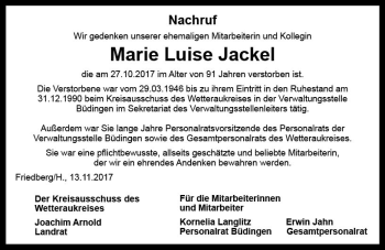 Traueranzeige von Marie Luise Jackel von  Kreisanzeiger