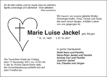 Traueranzeige von Marie Luise Jackel von  Kreisanzeiger