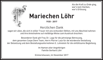 Traueranzeige von Mariechen Löhr von  Usinger Anzeiger