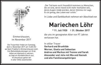 Traueranzeige von Mariechen Löhr von  Usinger Anzeiger