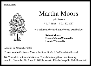 Traueranzeige von Martha Moors von VRM Trauer