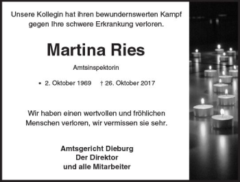 Traueranzeige von Martina Ries von Trauerportal Echo Online
