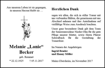 Traueranzeige von Melanie Becker von Trauerportal Rhein Main Presse