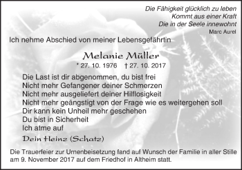Traueranzeige von Melanie Müller von Trauerportal Echo Online