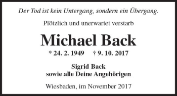 Traueranzeige von Michael Back von Trauerportal Rhein Main Presse