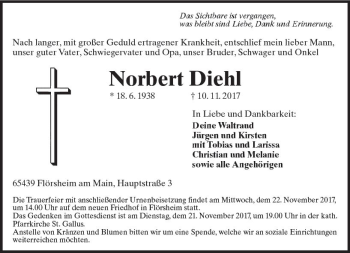 Traueranzeige von Norbert Diehl von Trauerportal Rhein Main Presse