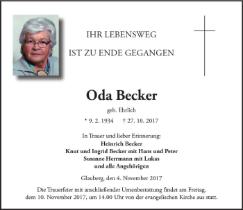 Traueranzeige von Oda Becker von  Kreisanzeiger