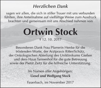 Traueranzeige von Ortwin Stock von  Kreisanzeiger