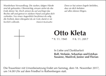 Traueranzeige von Otto Kleta von  Kreisanzeiger