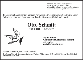 Traueranzeige von Otto Schmitt von Trauerportal Rhein Main Presse
