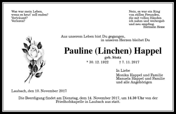 Traueranzeige von Pauline Happel von  Gießener Anzeiger
