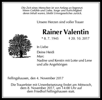 Traueranzeige von Rainer Valentin von  Gießener Anzeiger