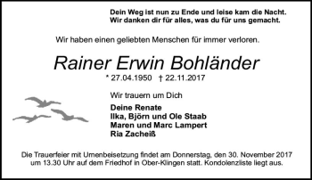Traueranzeige von Rainer Erwin Bohländer von Trauerportal Echo Online
