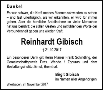 Traueranzeige von Reinhardt Gibisch von Trauerportal Rhein Main Presse