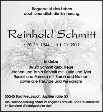 Traueranzeige von Reinhold Schmitt von Trauerportal Rhein Main Presse