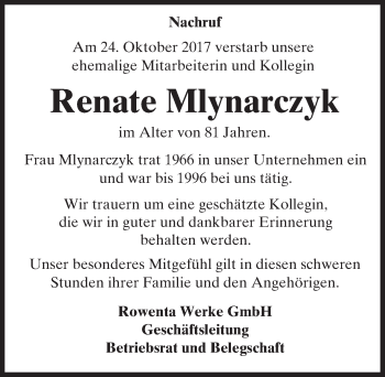 Traueranzeige von Renate Mlynarczyk von Trauerportal Echo Online