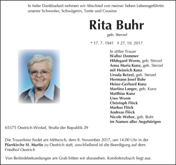 Traueranzeige von Rita Buhr von Trauerportal Rhein Main Presse