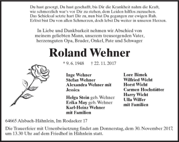 Traueranzeige von Roland Wehner von Trauerportal Echo Online