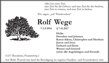 Traueranzeige von Rolf Wege von Trauerportal Rhein Main Presse