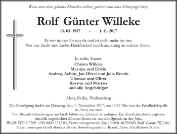 Traueranzeige von Rolf Günter Willeke von Trauerportal Rhein Main Presse