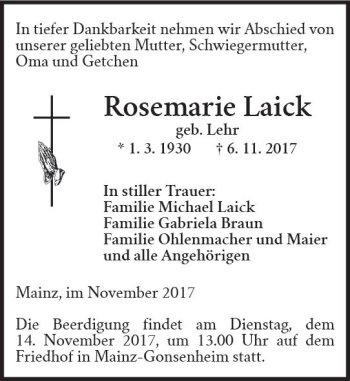 Traueranzeige von Rosemarie Laick von Trauerportal Rhein Main Presse