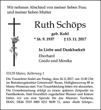 Traueranzeige von Ruth Schöps von Trauerportal Rhein Main Presse