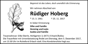 Traueranzeige von Rüdiger Hoberg von Trauerportal Echo Online