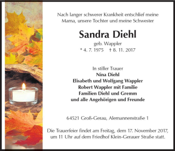 Traueranzeige von Sandra Diehl von Trauerportal Echo Online