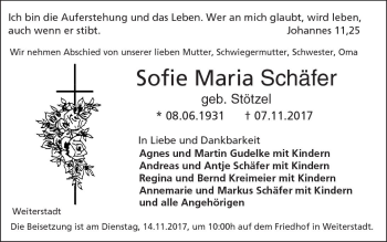 Traueranzeige von Sofie Maria Schäfer von Trauerportal Echo Online