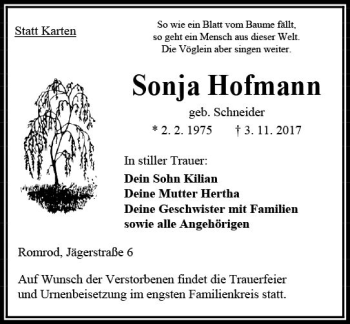 Traueranzeige von Sonja Hofmann von VRM Trauer