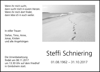 Traueranzeige von Steffi Schniering von Trauerportal Rhein Main Presse