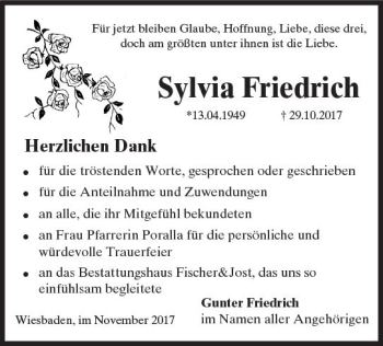Traueranzeige von Sylvia Friedrich von Trauerportal Rhein Main Presse