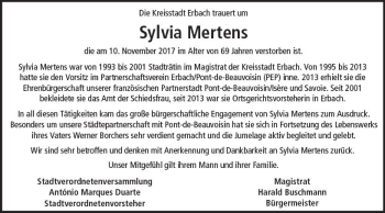 Traueranzeige von Sylvia Mertens von Trauerportal Echo Online