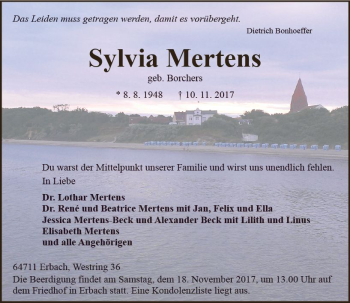 Traueranzeige von Sylvia Mertens von Trauerportal Echo Online