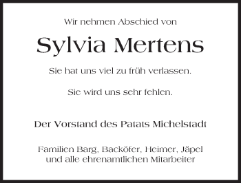 Traueranzeige von Sylvia Mertens von Trauerportal Echo Online