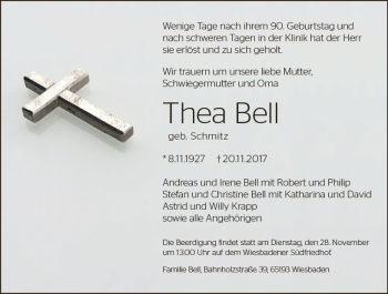 Traueranzeige von Thea Bell von Trauerportal Rhein Main Presse