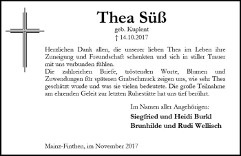 Traueranzeige von Thea Süß von Trauerportal Rhein Main Presse