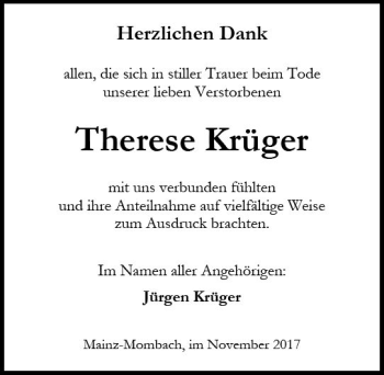 Traueranzeige von Therese Krüger von Trauerportal Rhein Main Presse