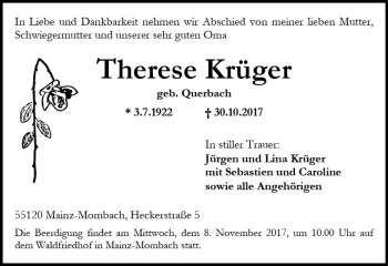 Traueranzeige von Therese Krüger von Trauerportal Rhein Main Presse