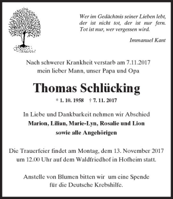 Traueranzeige von Thomas Schlücking von Trauerportal Rhein Main Presse