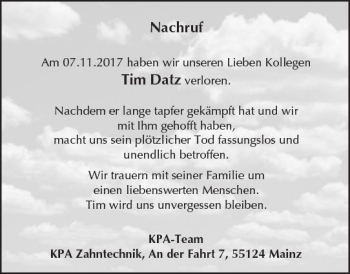 Traueranzeige von Tim Datz von Trauerportal Rhein Main Presse