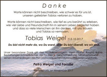 Traueranzeige von Tobias Weigel von Trauerportal Echo Online