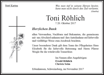 Traueranzeige von Toni Röhlich von VRM Trauer