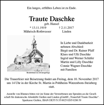 Traueranzeige von Traute Daschke von  Gießener Anzeiger