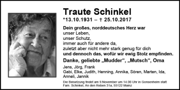 Traueranzeige von Traute Schinkel von Trauerportal Rhein Main Presse