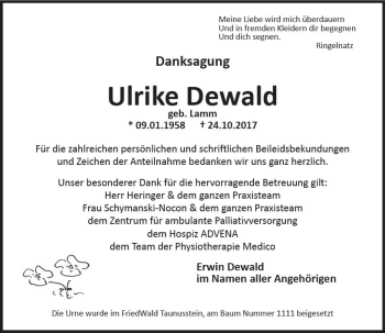 Traueranzeige von Ulrike Dewald von Trauerportal Rhein Main Presse