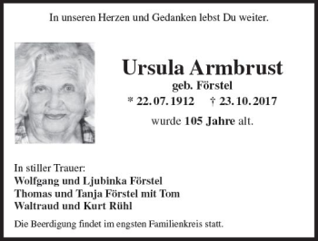 Traueranzeige von Ursula Armbrust von Trauerportal Rhein Main Presse